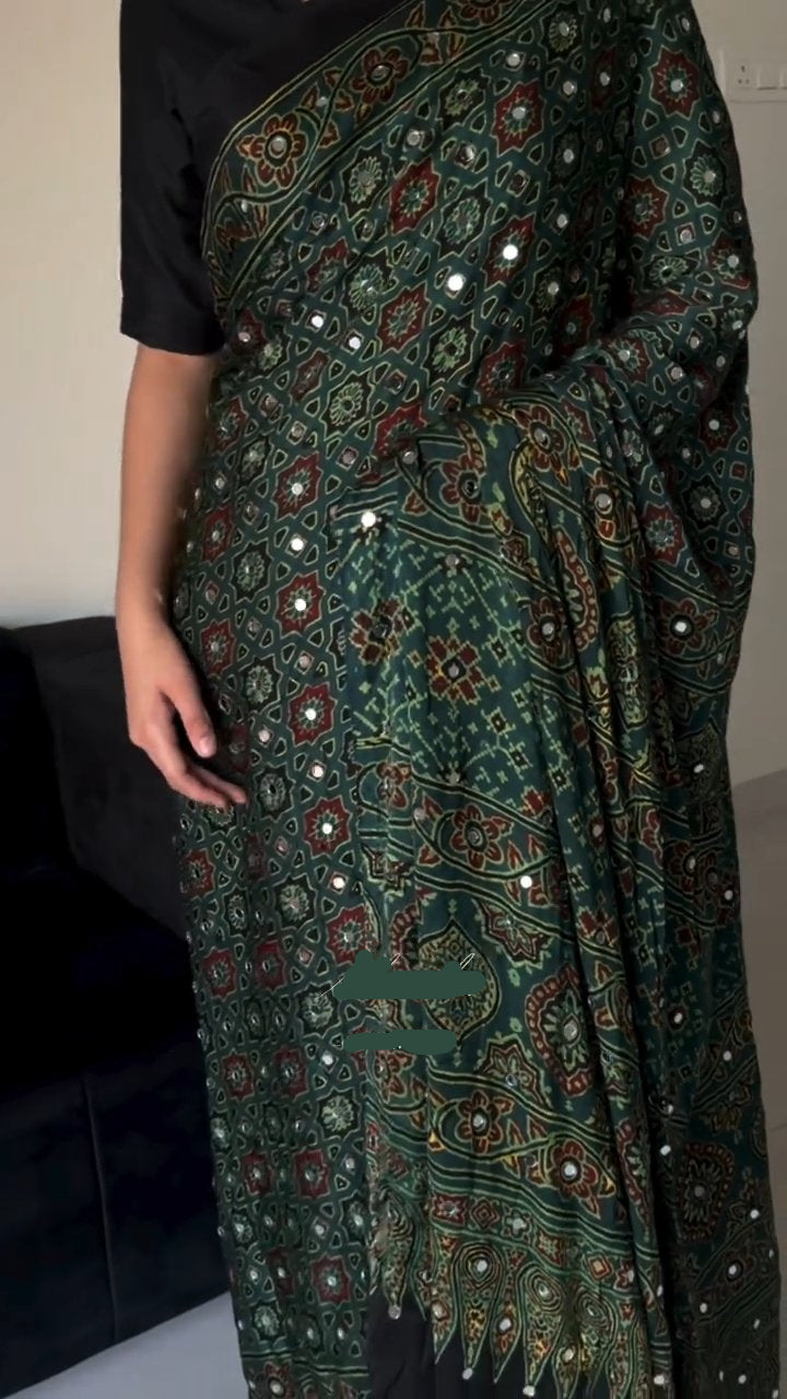 Soft Satin Crepe Ajrakh Print Mirror Work Saree
