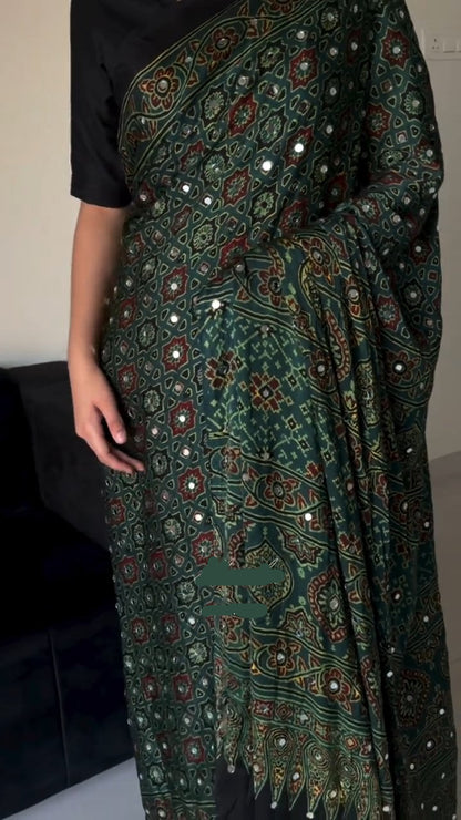 Soft Satin Crepe Ajrakh Print Mirror Work Saree