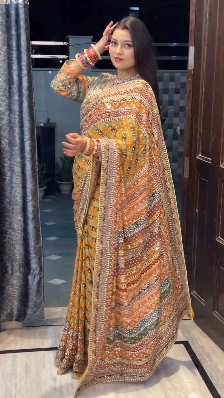 Premium Soft Chinnon Party Wear Saree with Real Mirror & Gold Zari Work