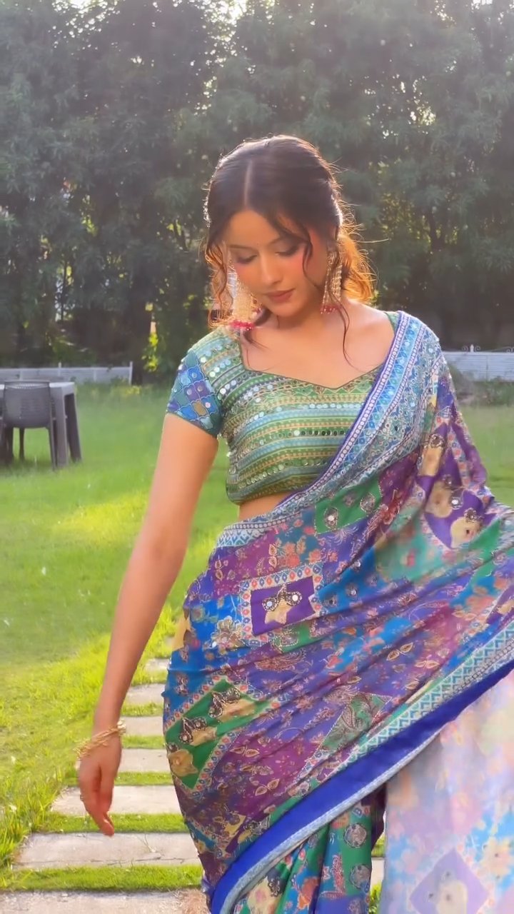 Printed Chinnon Saree with Handcrafted Mirror & Zari Detailing