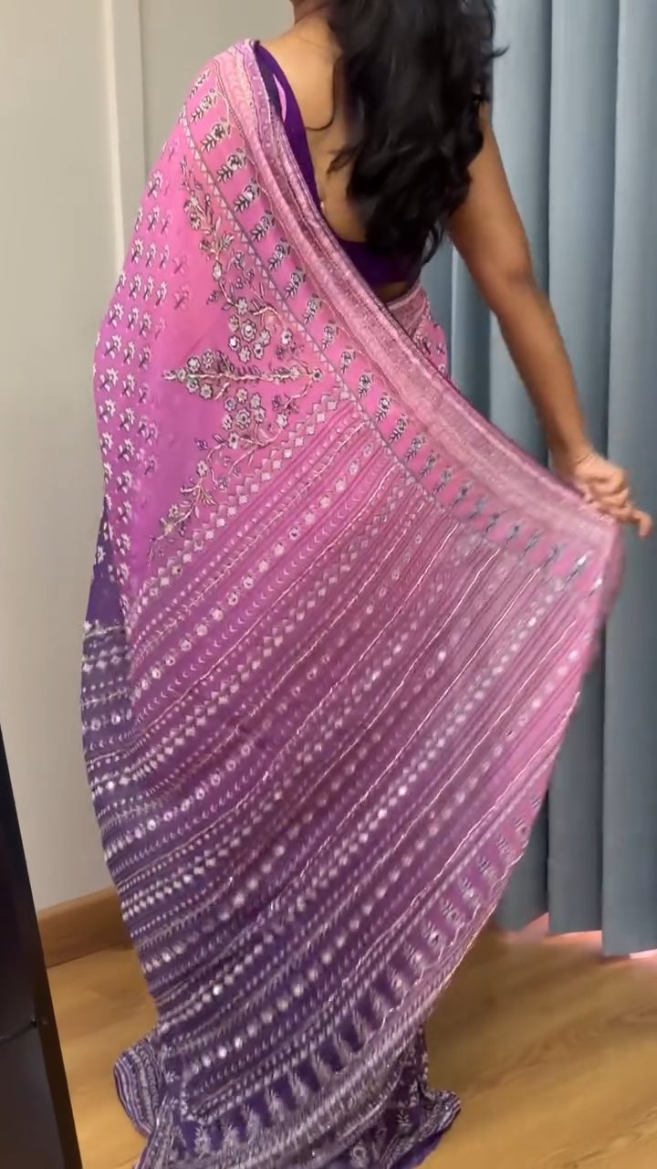 Shaded Celebrity Style Designer Georgette Saree with Mirror & Khatli Work