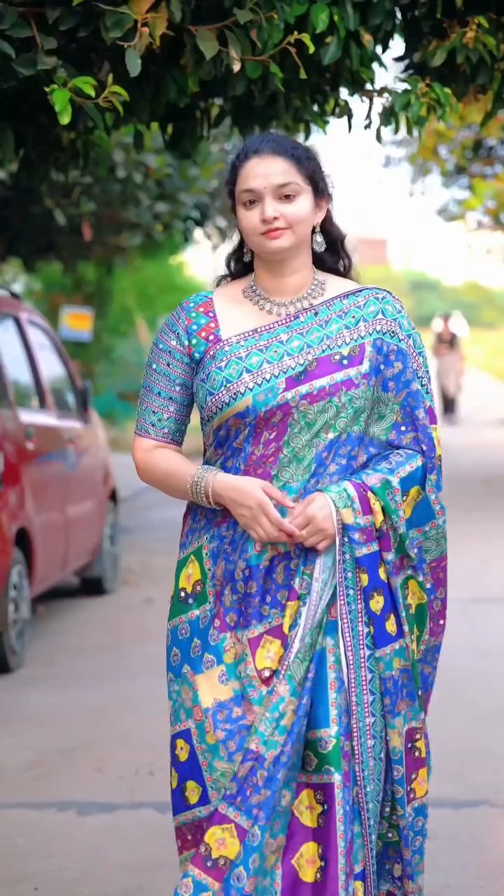 Sparkling Mirror Work Printed Chinnon Saree