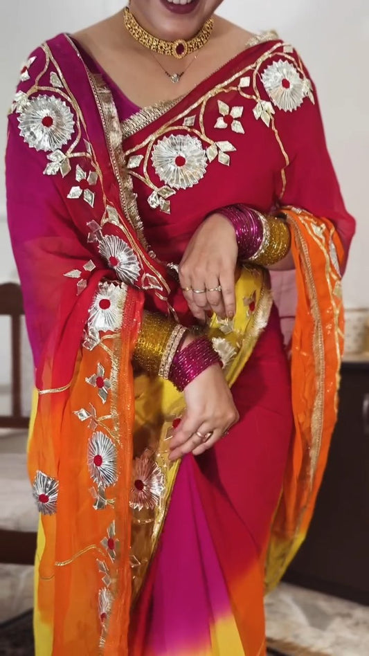 Handcrafted Tie & Dye Diamond Chiffon Saree with Gota Work Blouse