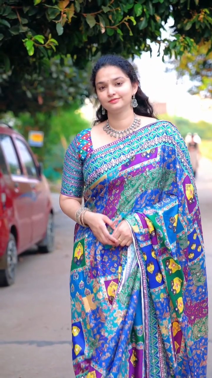 Sparkling Mirror Work Printed Chinnon Saree