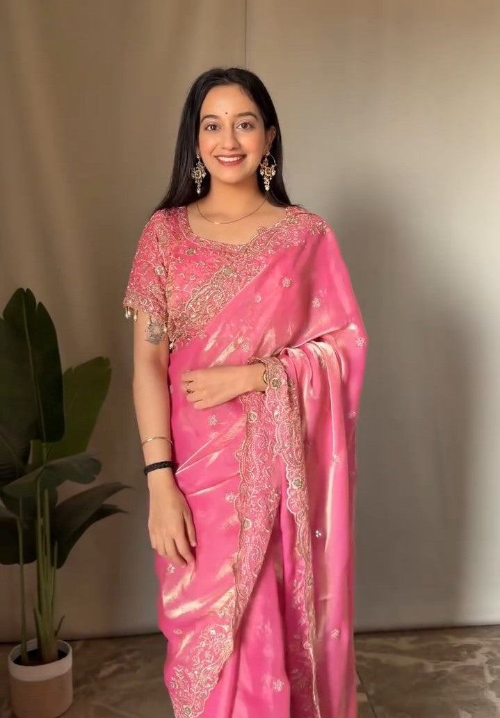 Luxe Fendy Satin Saree with 3mm Sequin Embroidery & Heavy Border