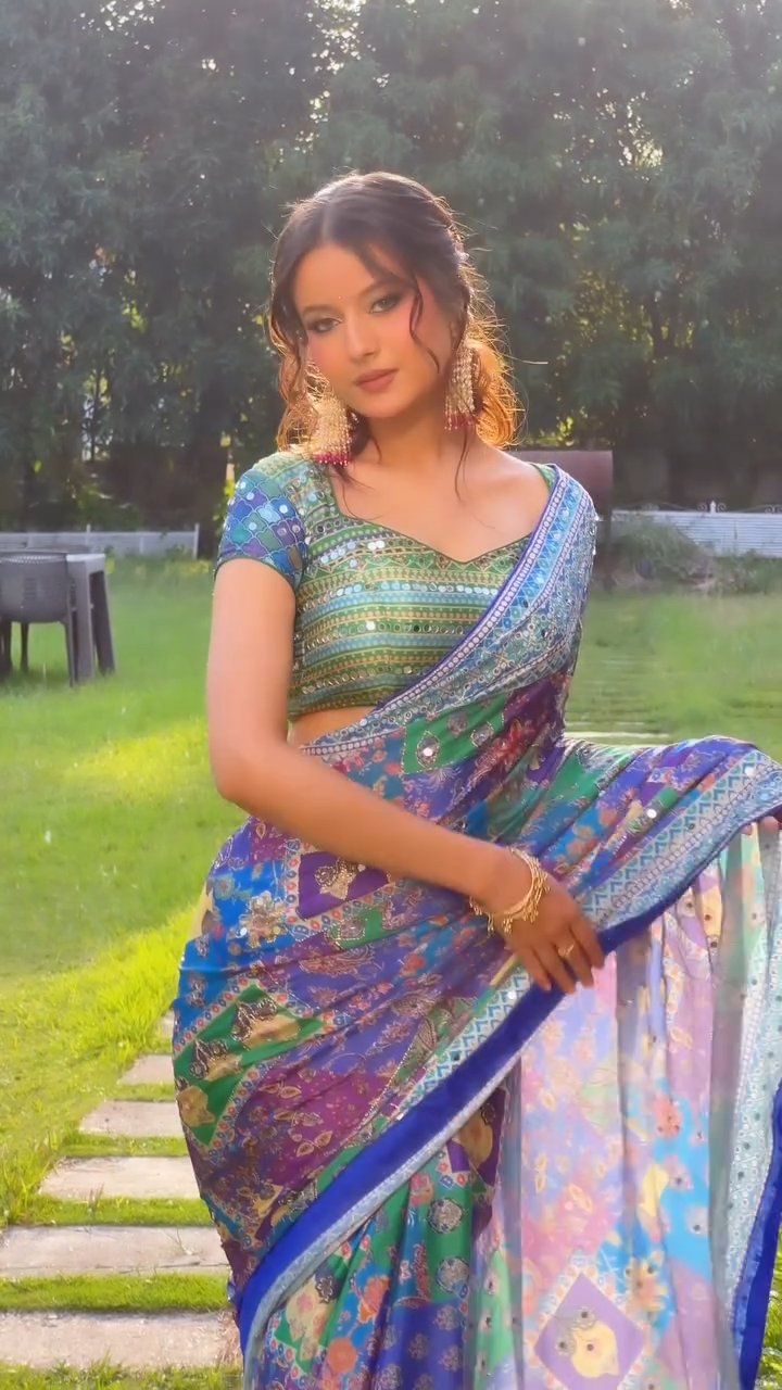 Printed Chinnon Saree with Handcrafted Mirror & Zari Detailing