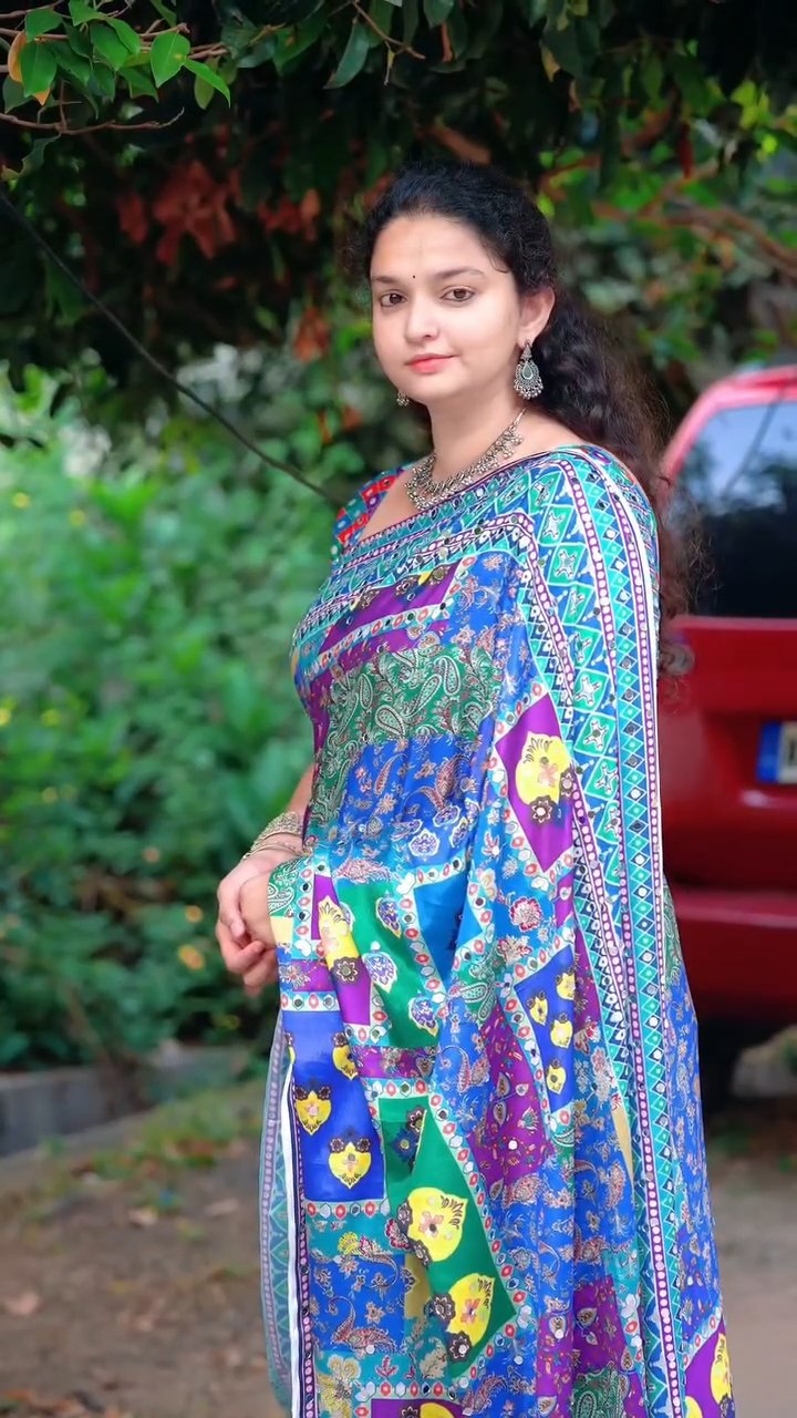 Sparkling Mirror Work Printed Chinnon Saree