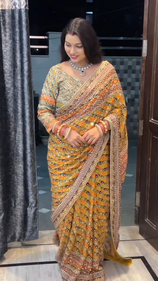 Premium Soft Chinnon Party Wear Saree with Real Mirror & Gold Zari Work