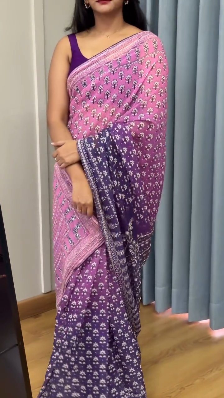 Shaded Celebrity Style Designer Georgette Saree with Mirror & Khatli Work