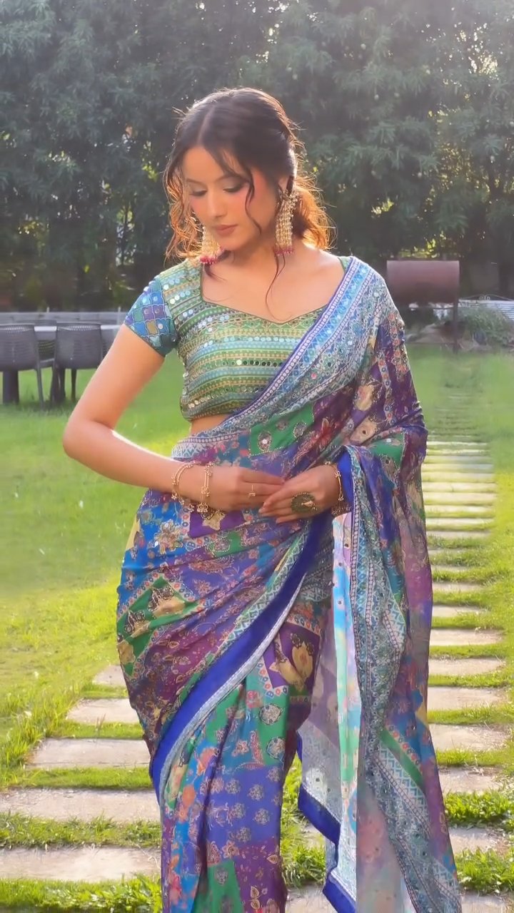 Printed Chinnon Saree with Handcrafted Mirror & Zari Detailing