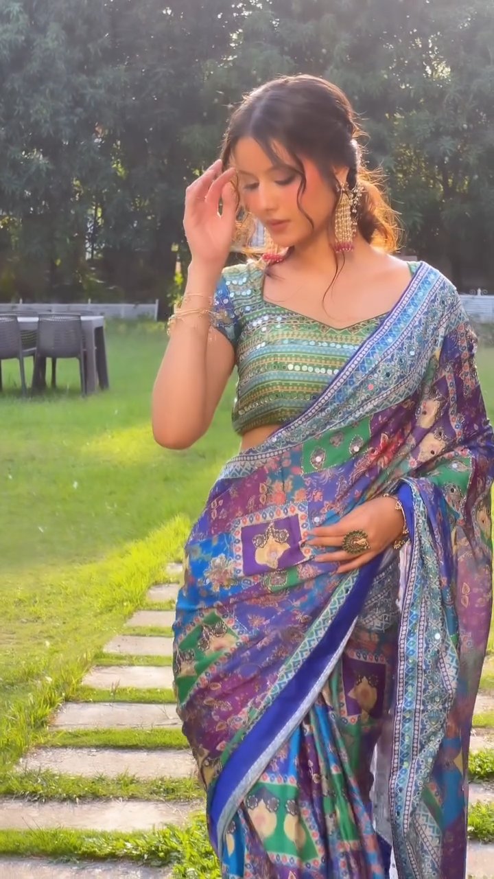 Printed Chinnon Saree with Handcrafted Mirror & Zari Detailing
