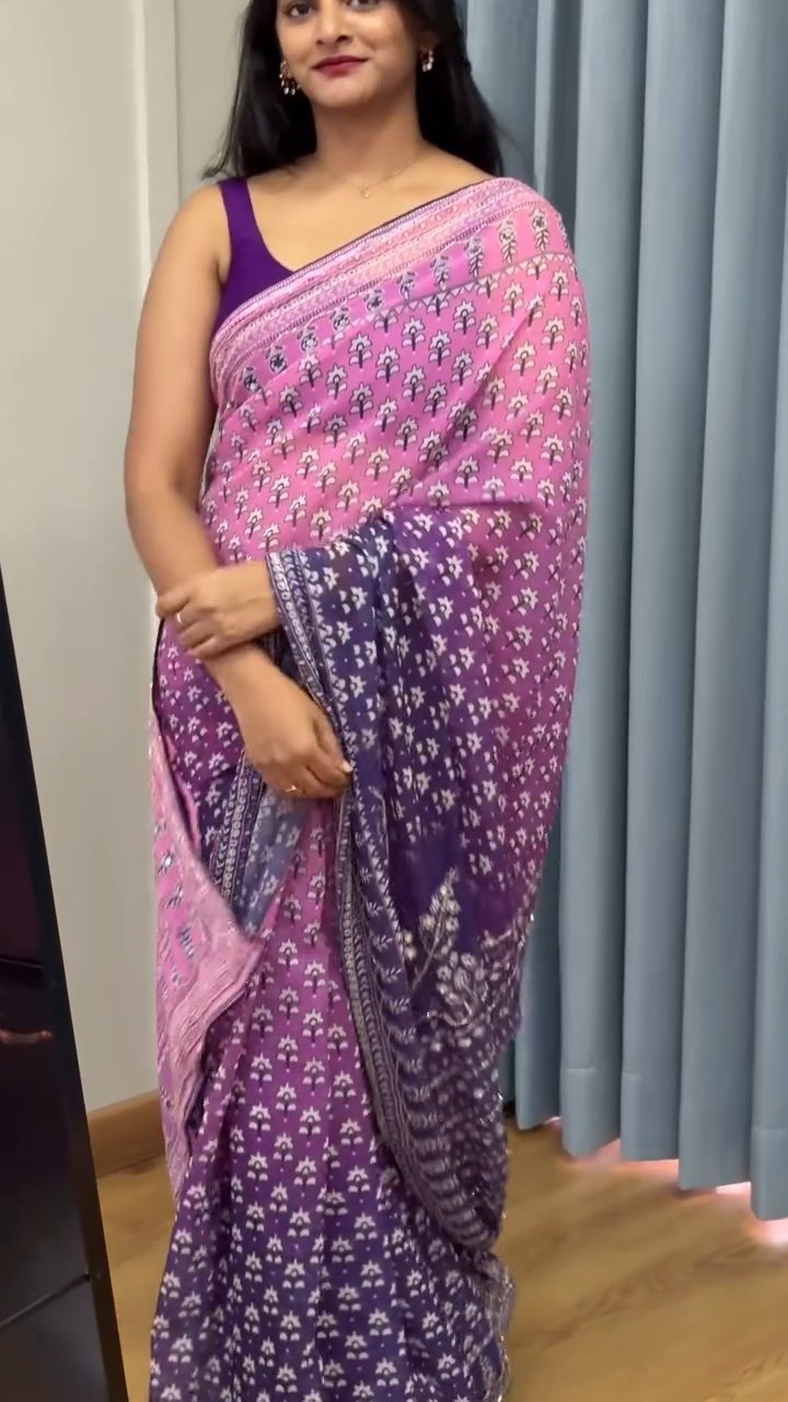 Shaded Celebrity Style Designer Georgette Saree with Mirror & Khatli Work