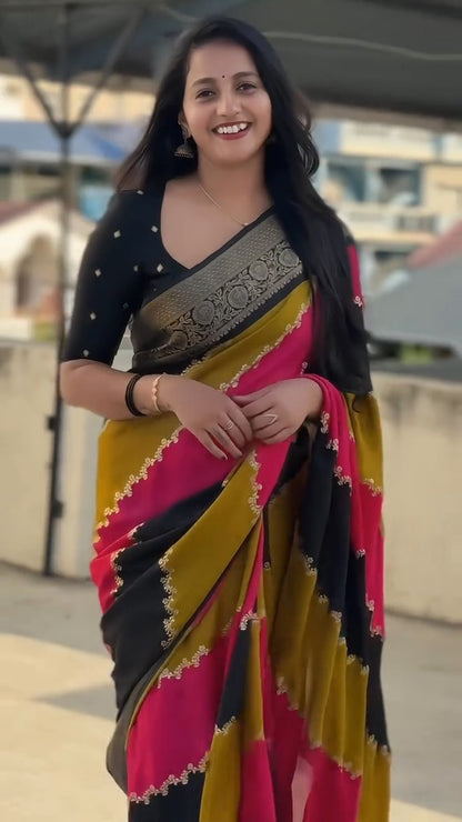Dola Silk Printed Saree with All-Over Jacquard Border