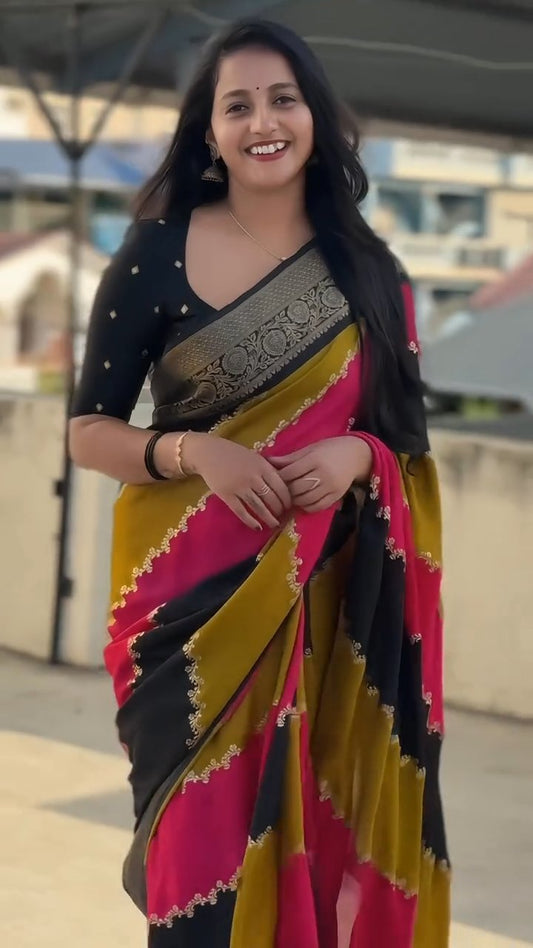Dola Silk Printed Saree with All-Over Jacquard Border