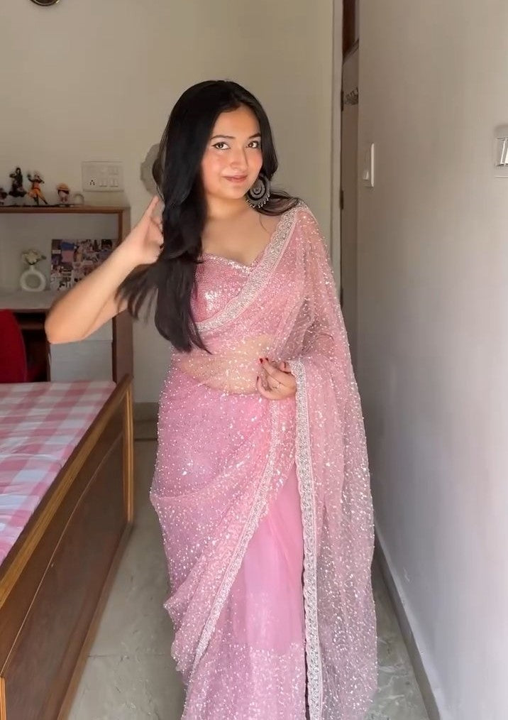 Wedding Wear Soft Net Sequins & Beads Work Saree with Designer Border