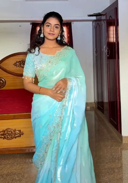 Luxe Fendy Satin Saree with 3mm Sequin Embroidery & Heavy Border