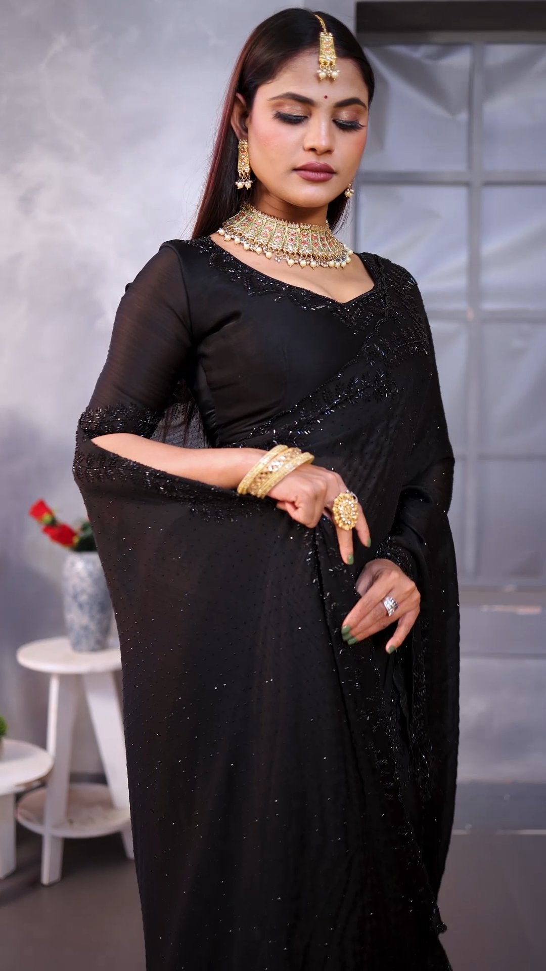 Black Beauty Space Silk Saree with Elegant Jarkhan Work 🖤✨