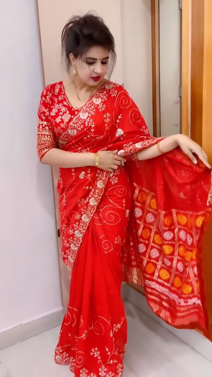 Premium Dola Silk Bandhej Weaving Saree with Pittha Work & Designer Pallu