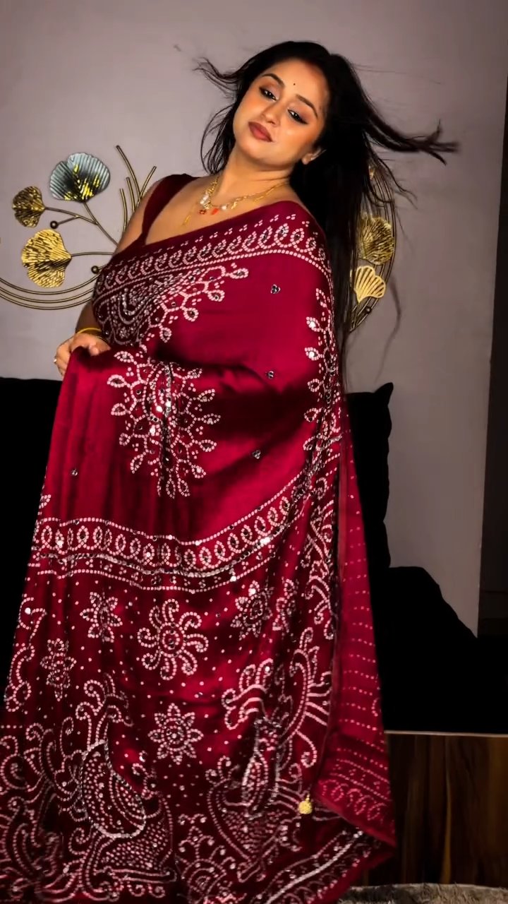 Maroon Ajrakh Mirror Work Soft Satin Crepe Saree
