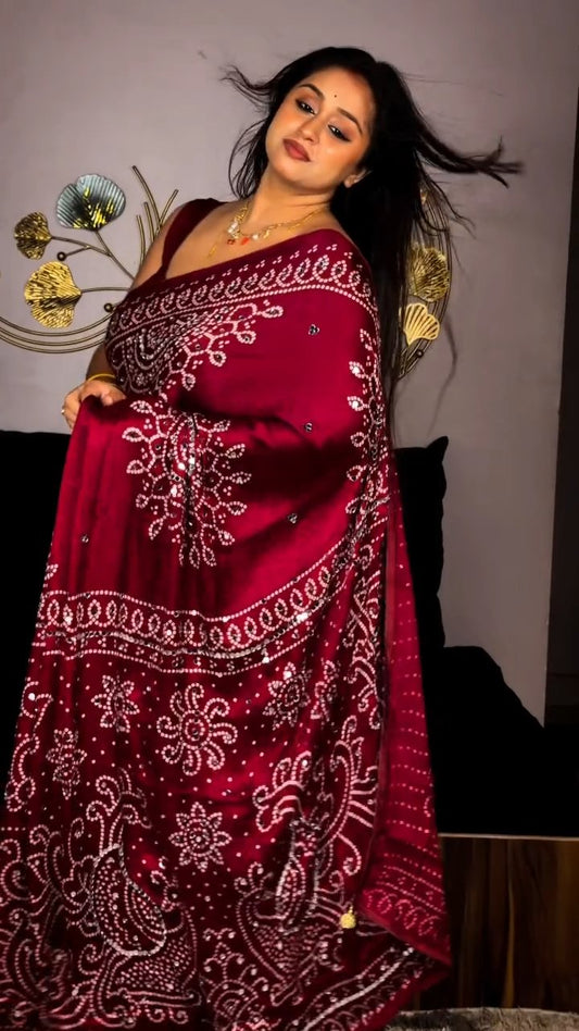 Maroon Ajrakh Mirror Work Soft Satin Crepe Saree