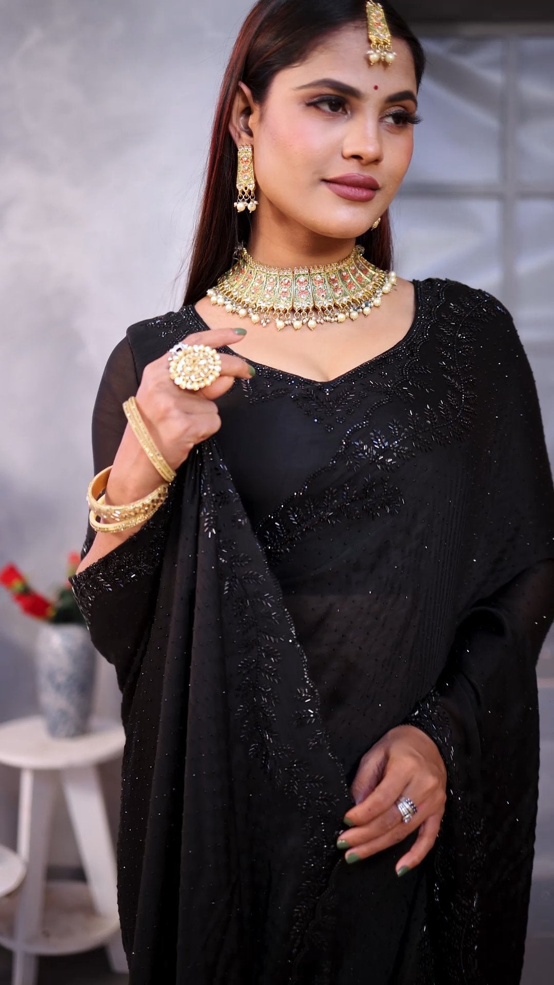 Black Beauty Space Silk Saree with Elegant Jarkhan Work 🖤✨