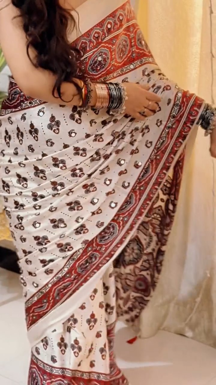 Heavy Japan Satin Ajrakh Print Saree with Real Mirror Work