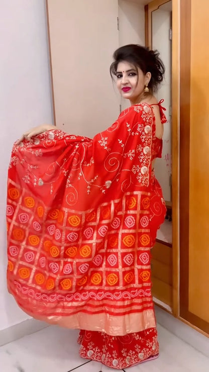 Premium Dola Silk Bandhej Weaving Saree with Pittha Work & Designer Pallu
