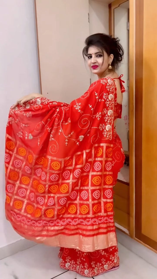 Premium Dola Silk Bandhej Weaving Saree with Pittha Work & Designer Pallu
