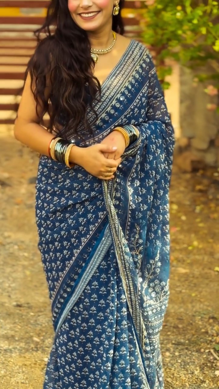 Celebrity Style Designer Georgette Saree with Mirror Work