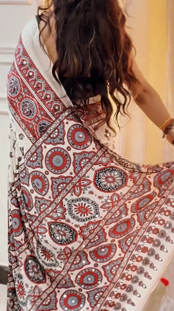 Heavy Japan Satin Ajrakh Print Saree with Real Mirror Work