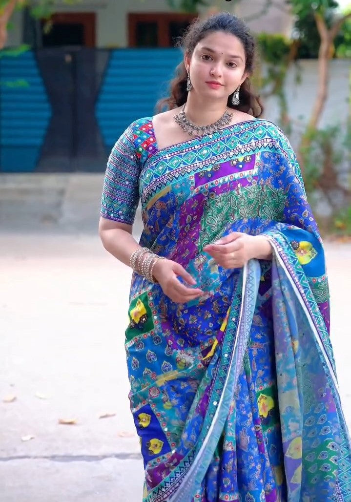 Sparkling Mirror Work Printed Chinnon Saree