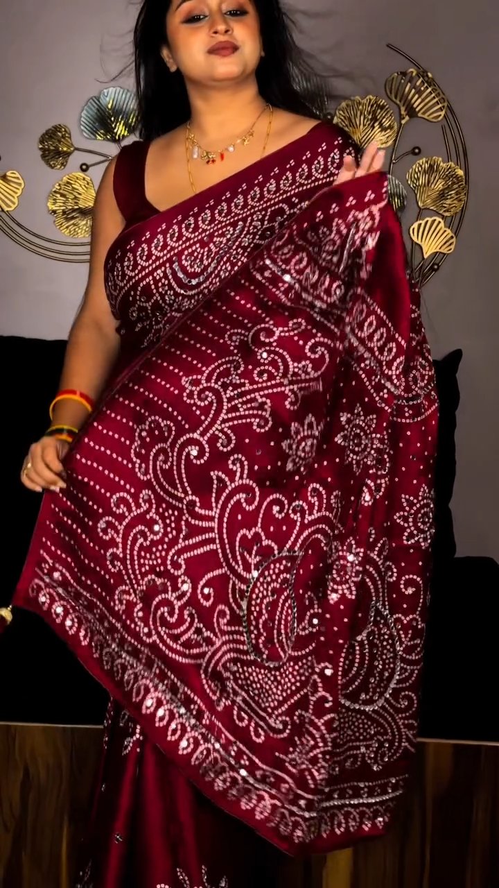 Maroon Ajrakh Mirror Work Soft Satin Crepe Saree