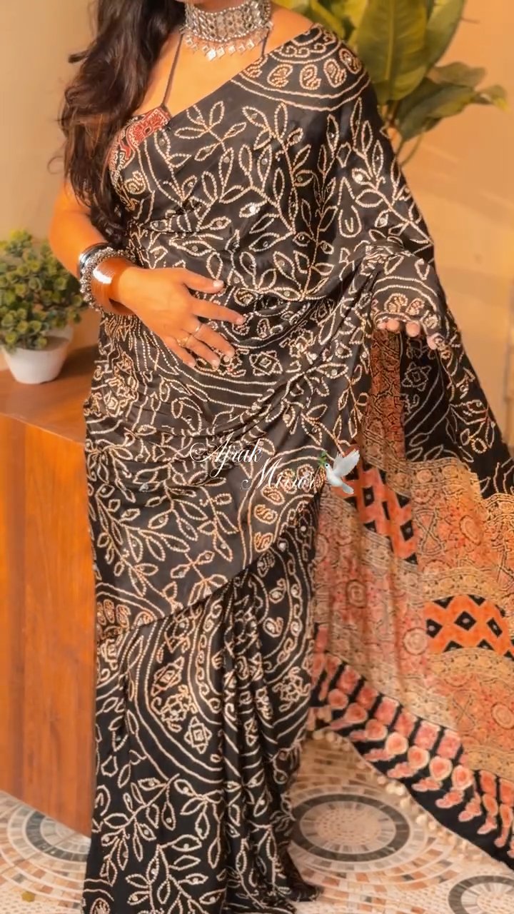 Black Ajrakh Print Satin Crepe Mirror Work Saree
