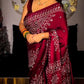 Maroon Ajrakh Mirror Work Soft Satin Crepe Saree