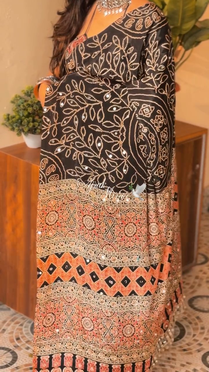 Black Ajrakh Print Satin Crepe Mirror Work Saree
