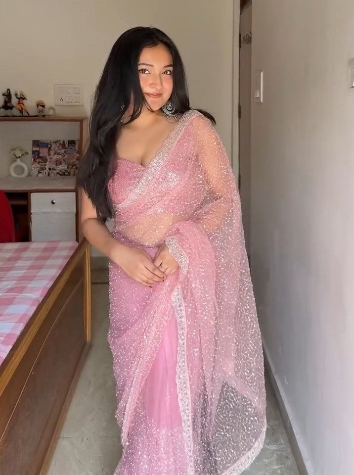Wedding Wear Soft Net Sequins & Beads Work Saree with Designer Border