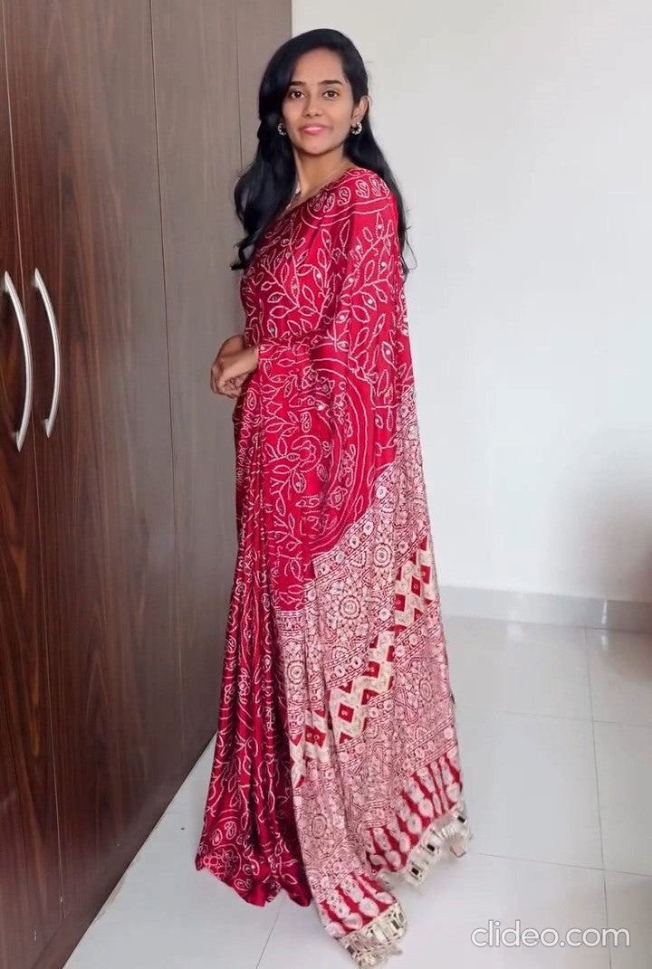 Ajrakh Print Satin Crepe Mirror Work Saree