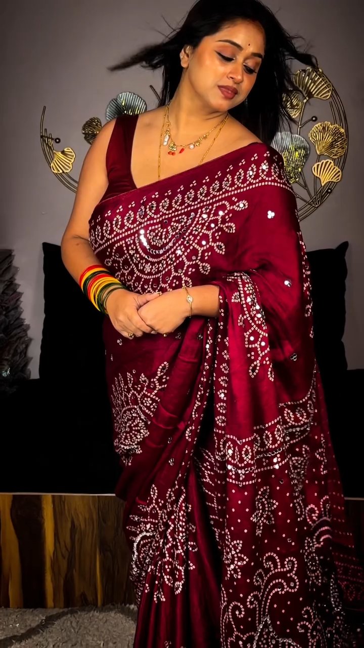 Maroon Ajrakh Mirror Work Soft Satin Crepe Saree
