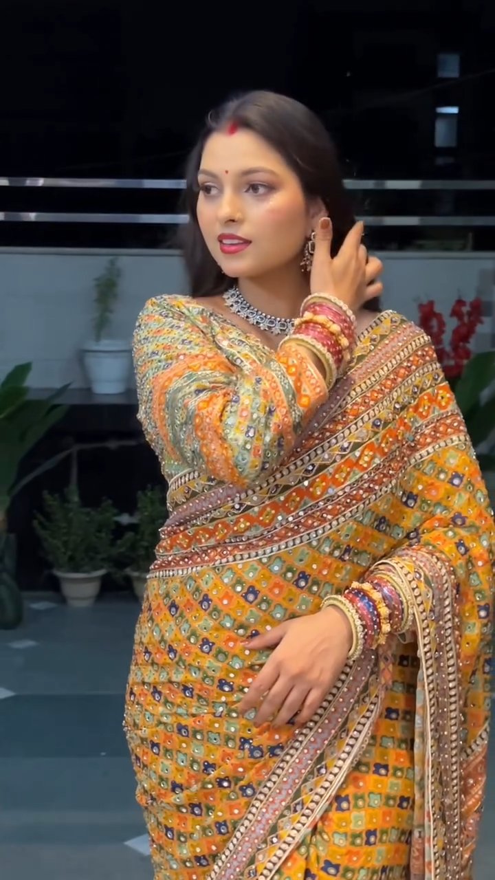 Premium Soft Chinnon Party Wear Saree with Real Mirror & Gold Zari Work