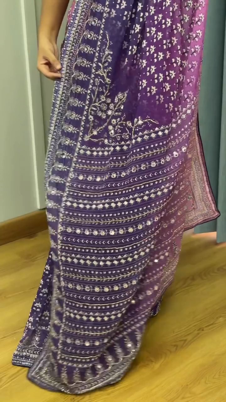 Shaded Celebrity Style Designer Georgette Saree with Mirror & Khatli Work