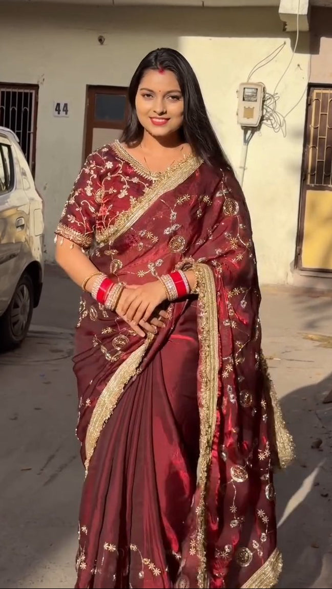 Space Satin Bits Sequence Work Saree With Contrast Running Blouse