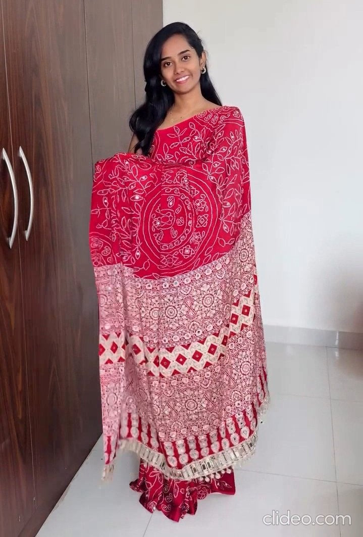 Ajrakh Print Satin Crepe Mirror Work Saree