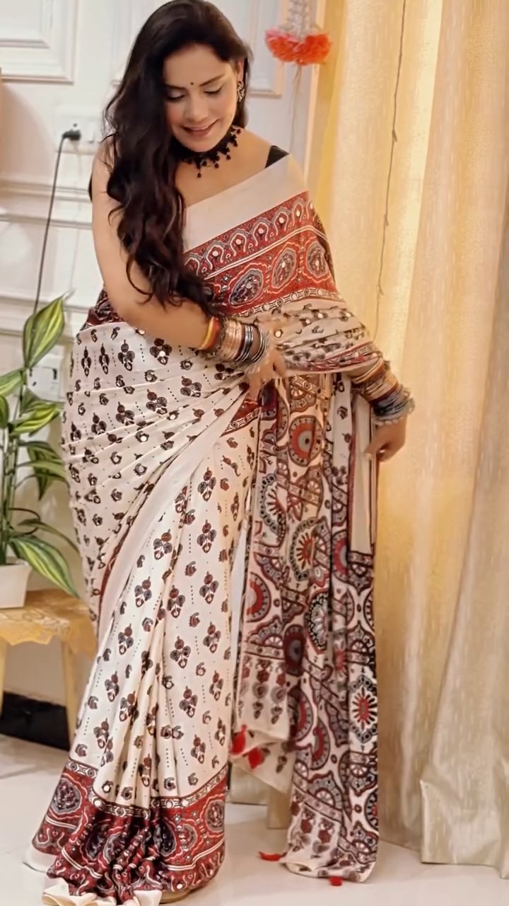 Heavy Japan Satin Ajrakh Print Saree with Real Mirror Work
