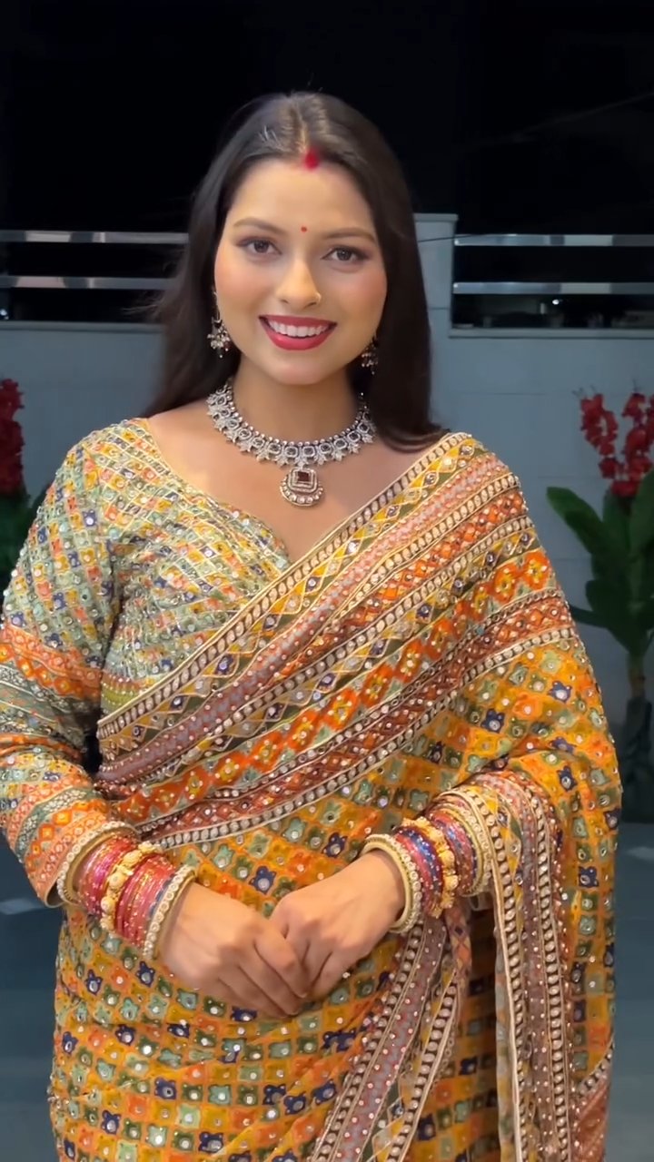 Premium Soft Chinnon Party Wear Saree with Real Mirror & Gold Zari Work