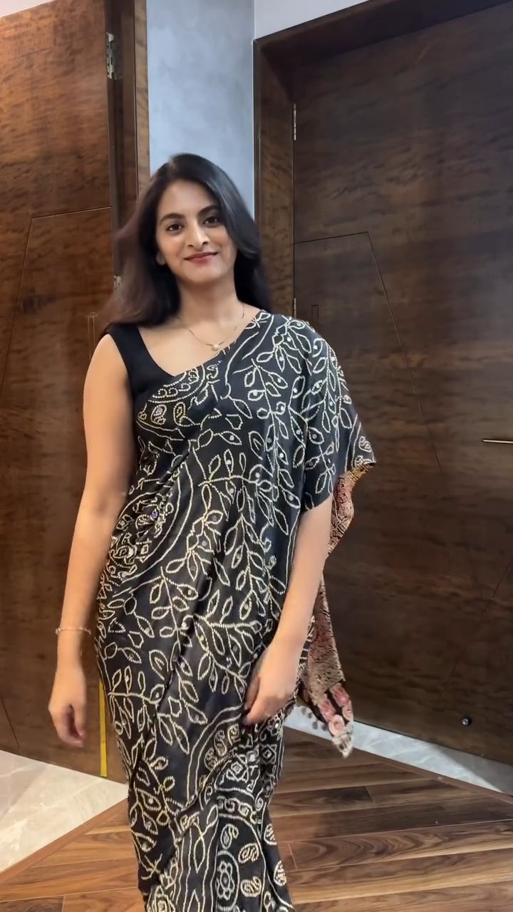 Ajrakh Print Satin Crepe Mirror Work Saree