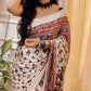 Heavy Japan Satin Ajrakh Print Saree with Real Mirror Work