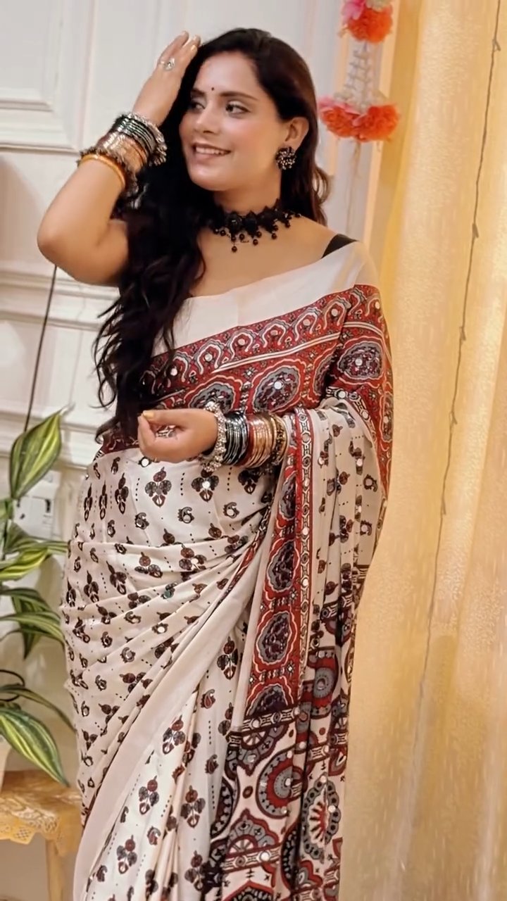 Heavy Japan Satin Ajrakh Print Saree with Real Mirror Work