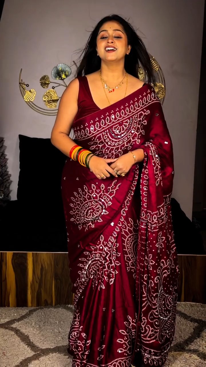 Maroon Ajrakh Mirror Work Soft Satin Crepe Saree