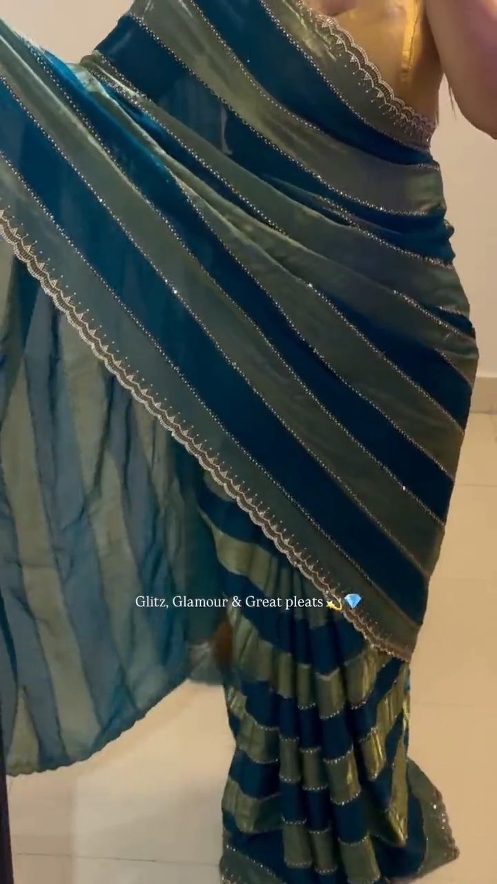 Luxury Space Soft Silk Blooming Saree with Elegant Jarkan & Swarovski Work