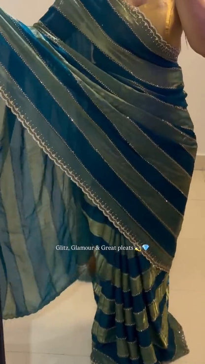 Luxury Space Soft Silk Blooming Saree with Elegant Jarkan & Swarovski Work